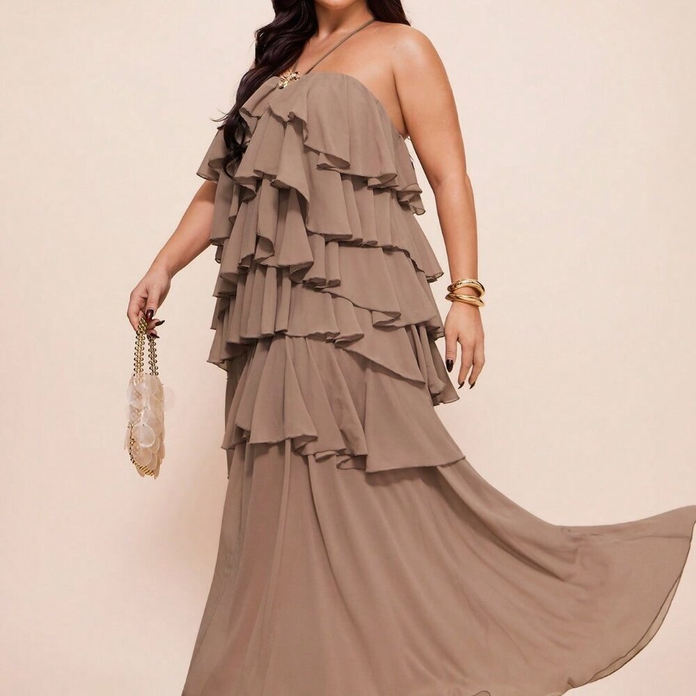 Coffee Brown Casual Women's Plus Size Color Multi-Layer Halter Dress - Picture 3 of 7